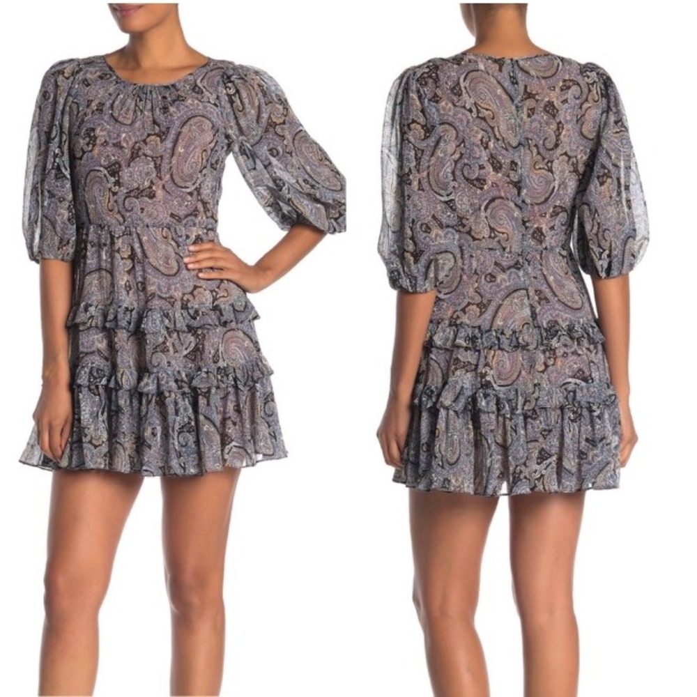 Rebecca Taylor Slene Dress Women 14 Paisley Silk Blend Puff Sleeve Tiered NWT